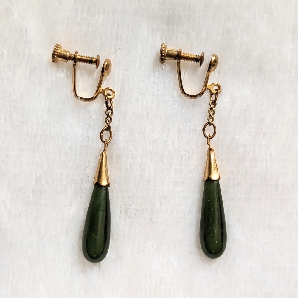 Vintage Green Jade Screw Back Earrings